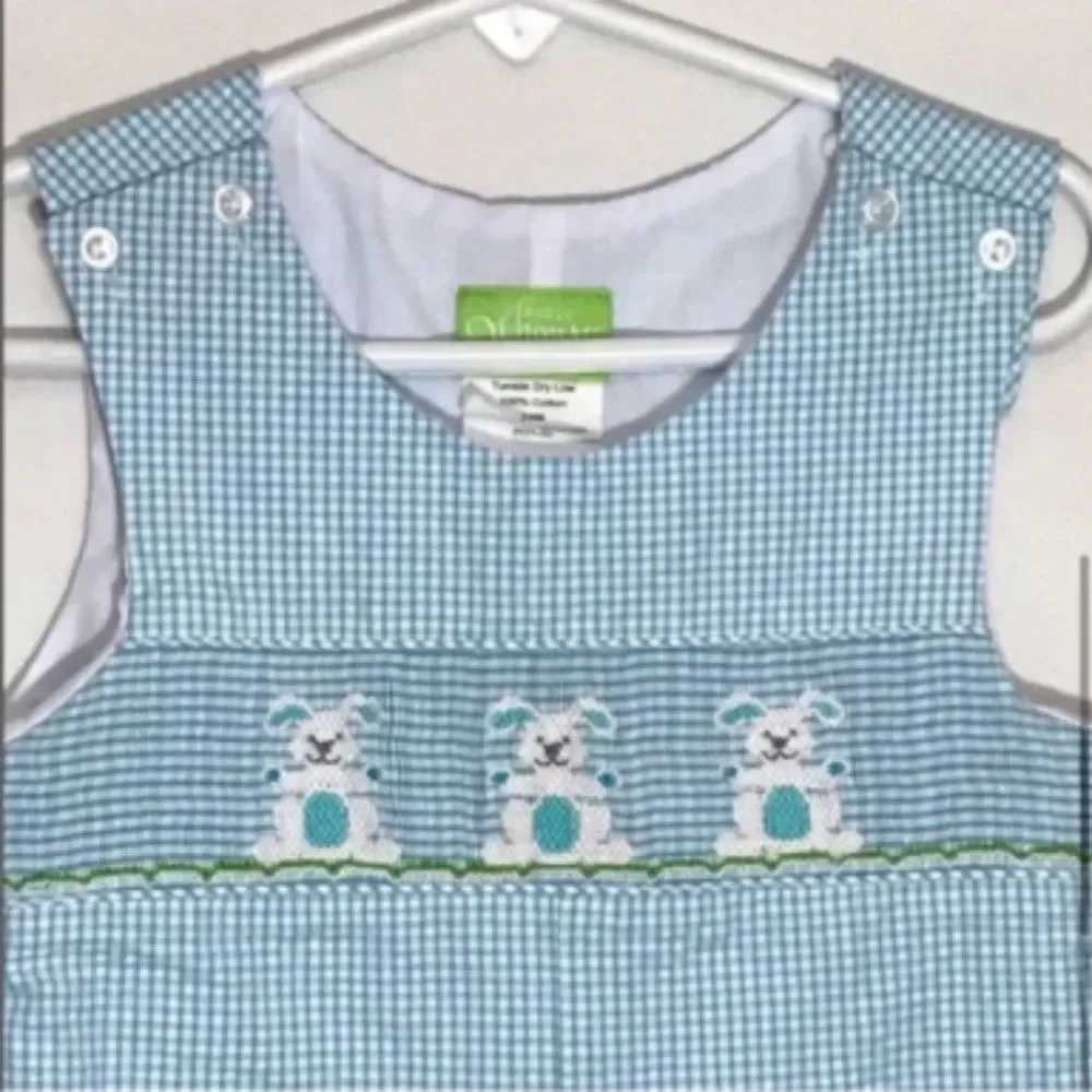 Classic Whimsy Easter Bunny Rabbit Blue Checkered Overalls